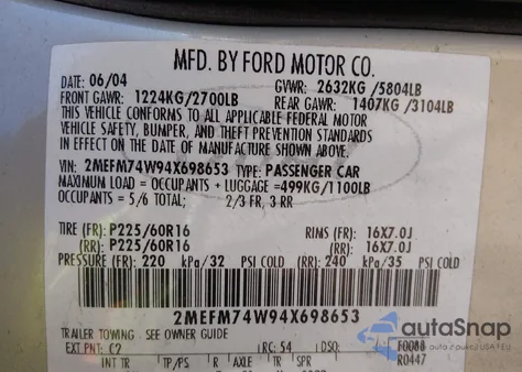 2004 Mercury Grand Marquis Gs from USA, damaged, VIN 2MEFM74W94X698653